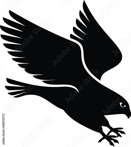 Black silhouette of a falcon in flight with outstretched talons