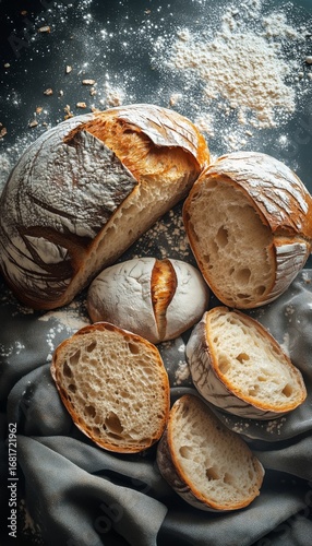 Beautifully Baked Rustic Bread Slices on Dark Surface With Flour Specks.