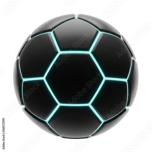 Futuristic black soccer ball with glowing blue neon lines, ideal for e-sports, gaming, tech marketing, sports event promotion, or digital design assets, isolated on white & transparent background.