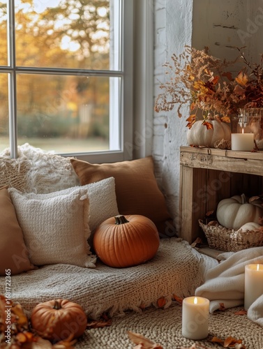 Cozy Autumn Corner With Pumpkins and Warm Sunlight in a Serene Interior Setting.