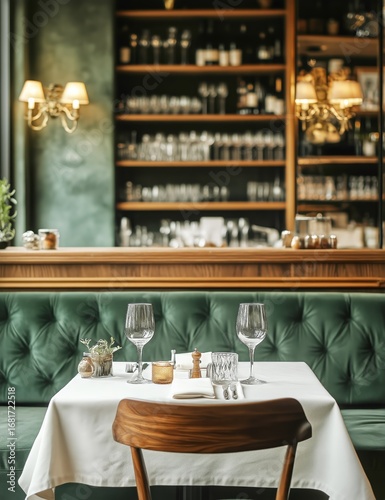 Elegant Bistro Interior With Green Velvet Seating and Glassware Arranged on S...