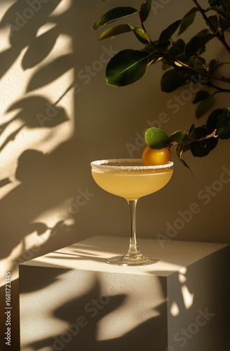 Elegant Cocktail With Garnish Resting on a Pedestal Surrounded by Soft Shadows