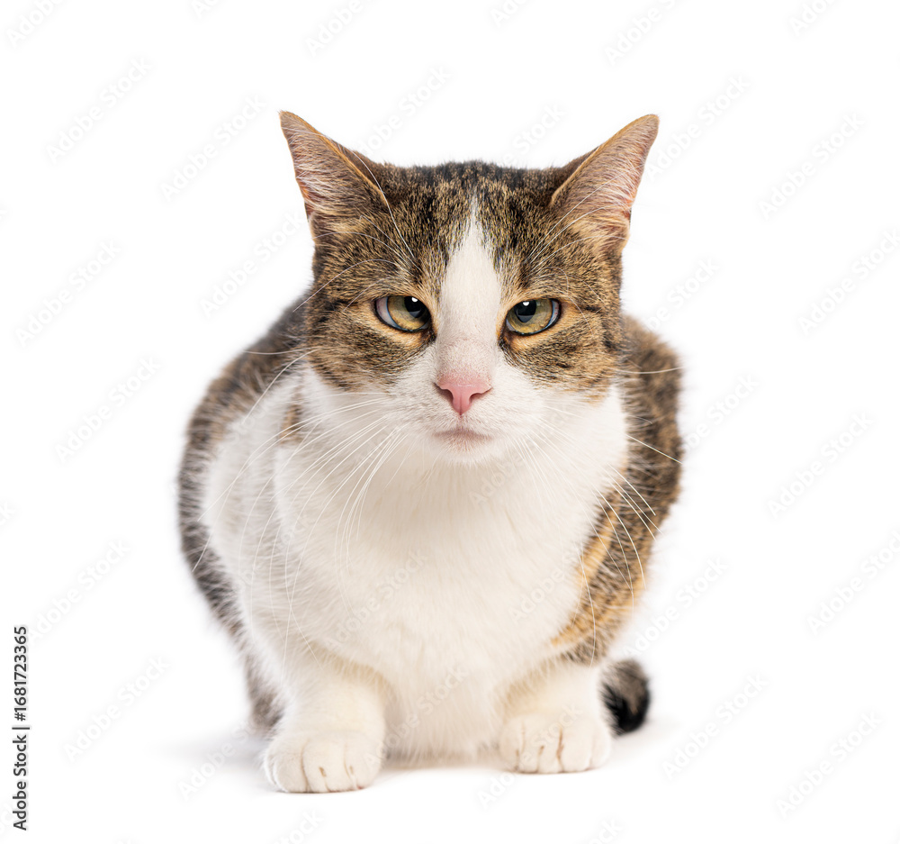 Fototapeta premium Crossbreed cat lying and looking with squinted eyes, isolated on white