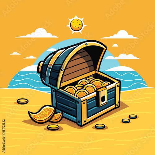 Treasure Chest Full Of Gold Coins On A Beach Under The Sun Keywords: treasure chest, open, full, coins