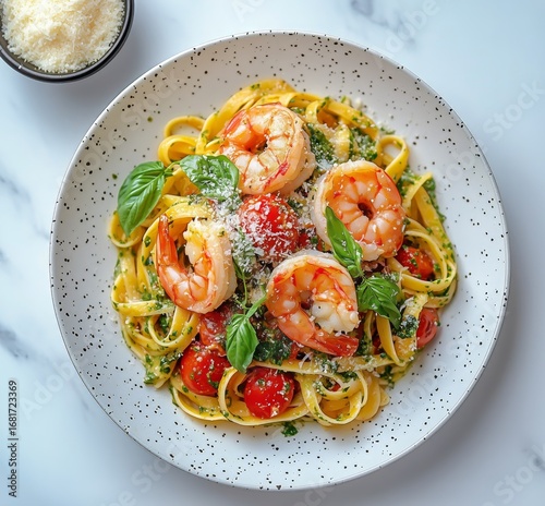 Delicious Shrimp Pasta Served With Fresh Herbs and Marinara Sauce on a Patter...