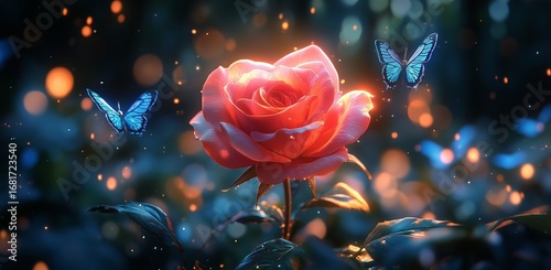 Close-up View of a Blooming Rose With Butterflies in a Garden at Twilight.