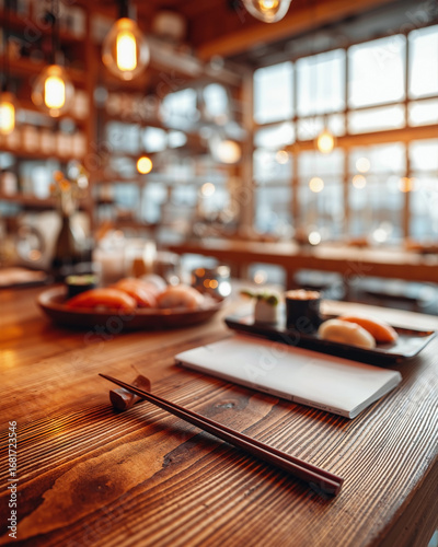 A web banner featuring a minimalist, top-down shot of a single chopstick resting on a glossy wooden table, symbolizing an eco-friendly dining experience,evokes a tranquil, sustainable, and organic 