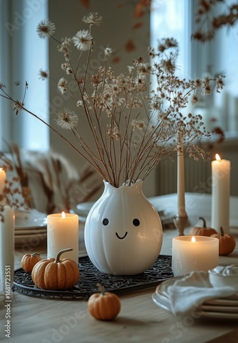 Beautiful Autumn Table Decoration Featuring a Smiling Vase and Warm Candlelight