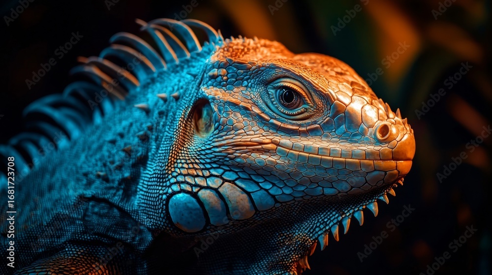 Fototapeta premium Illuminated closeup of iguana's textured skin tropical environment macro photography exotic wildlife artistic perspective for nature enthusiasts
