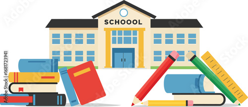 Illustration of a school building with books, pencils, and a ruler in the foreground.