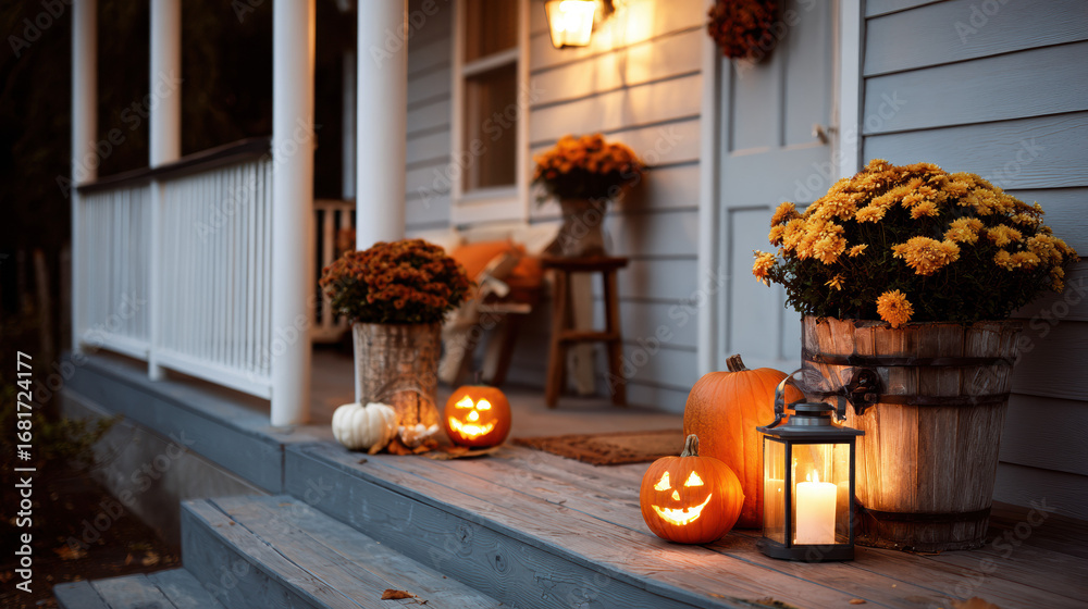 Obraz premium A cozy porch decorated for Halloween with glowing jack-o'-lanterns, candles, pumpkins, and autumn flowers in wooden barrels.