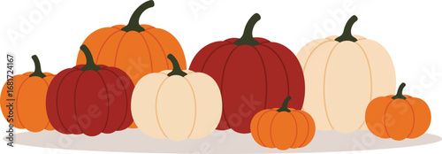 A collection of various pumpkins in different colors, arranged closely together.