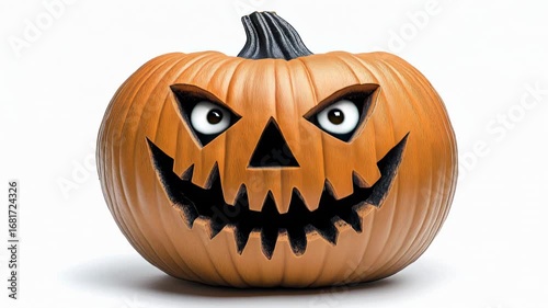 A Halloween orange pumpkin with a wide toothy grin laughs on a white background