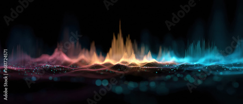 Colorful abstract 3D rendering of sound wave pattern on a dark background.