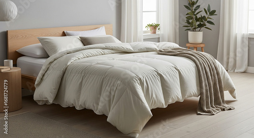 A beautifully composed shot of a contemporary bedroom, featuring a well-made bed with a fluffy, neutral-toned comforter and an inviting throw blanket