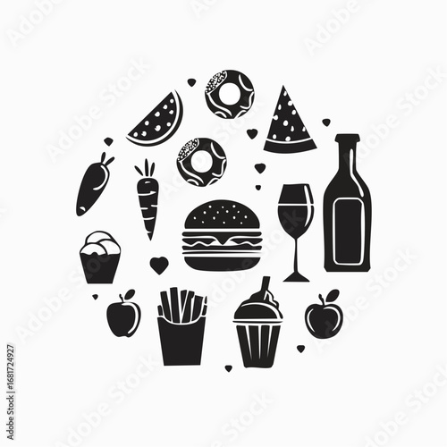 A delightful assortment of food items arranged artfully, showcasing both healthy and indulgent treats. This image is a visual feast. 