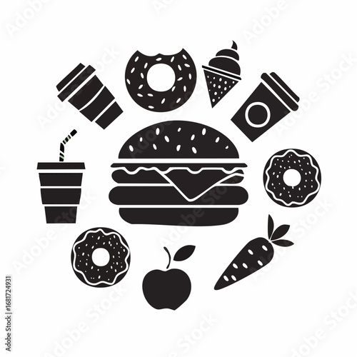 A collection of various food and drink items in monochrome