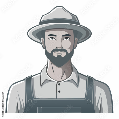A farmer with a hat and beard looking at viewer
