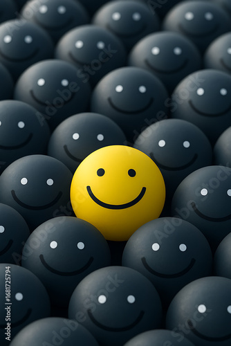 “Standout Yellow Smiley Among Gray Crowd – Concept of Individuality, Positivity, and Leadership”