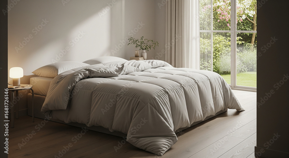 Obraz premium A serene and modern bedroom scene featuring a bed with a cozy, textured comforter and soft pillows. The room is bathed in gentle, natural light from a large window that overlooks a lush