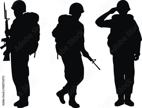 Soldier silhouette vector, military poses, rifle holding, saluting soldier, army backpack gear, combat readiness, defense illustration, black icons