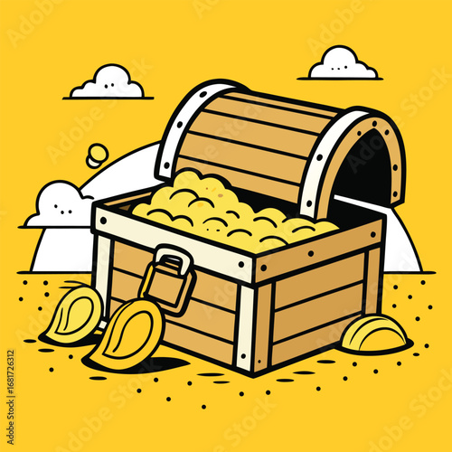 Treasure Chest With Gold Coins And Lock On Yellow Background vector illustration