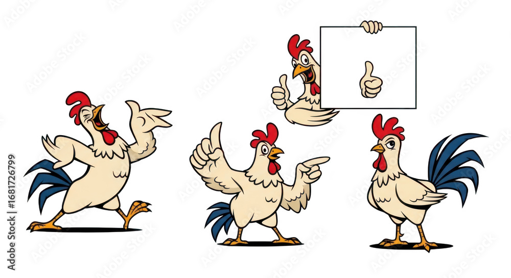Naklejka premium Playful cartoon roosters dancing and strutting in fun colorful outfits