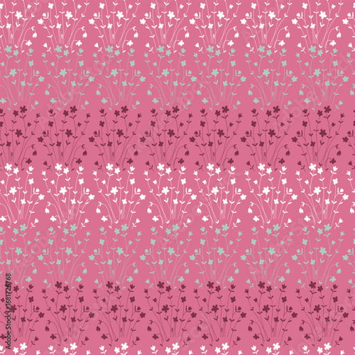 Seamless pattern with white, grey and red bouquets. Hand-drawn cute pink background.