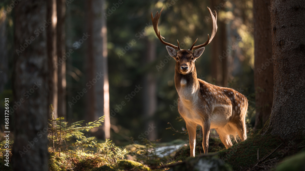 Obraz premium Majestic deer standing in a forest glade during golden hour light
