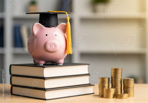 Piggy Bank on Books with Coins, Study Environment, Inspirational Learning Concept