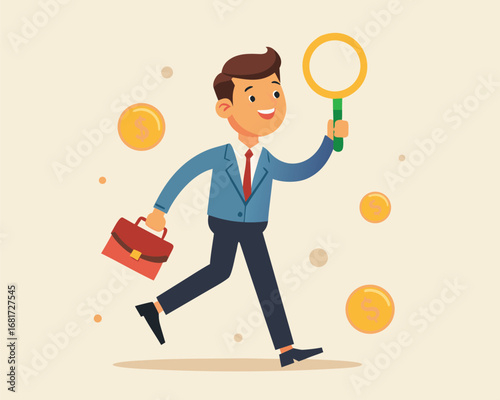 Vector art of a businessman is walking with a briefcase and magnifying glass to find a job opportunity