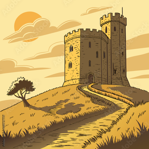 Ancient Stone Castle on Hilltop at Sunset