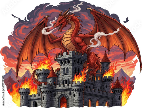 Fire Dragon Attacking Medieval Castle