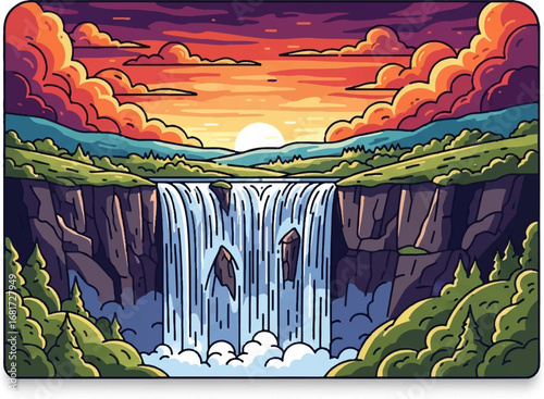 Dramatic Sunset over Waterfall in Valley