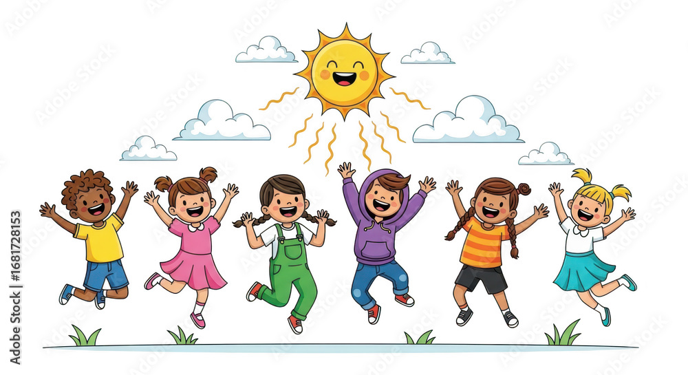 Naklejka premium Joyful cartoon children jumping happily under a smiling sun and clouds