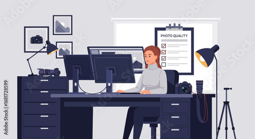 Female photographer reviewing pictures on a desktop computer in workspace