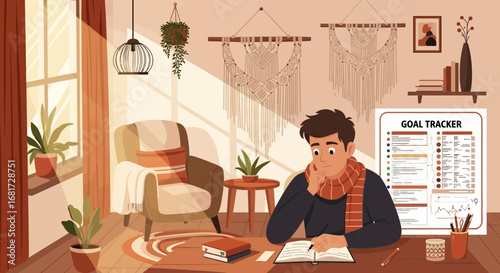 Thoughtful man writing in notebook at cozy home with goal tracker chart