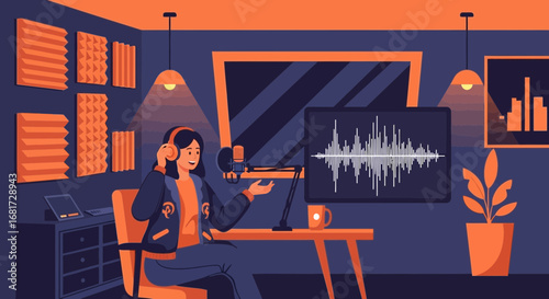 Illustrative woman hosting a podcast in a cozy studio environment with audio equipment