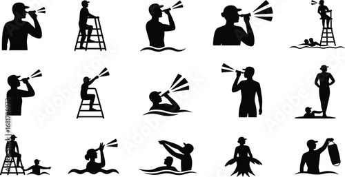 Lifeguard silhouette icons, water rescue, beach safety, swimming supervision, whistle blowing, lifeguard chair, aquatic emergency, pool monitoring, rescue action, vigilance