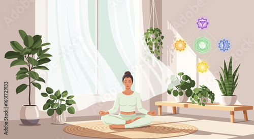 Serene indoor scene of a woman meditating surrounded by plants and natural light