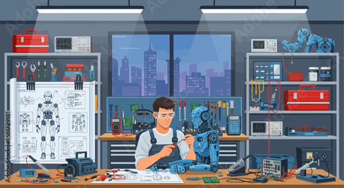 Scientist assembling advanced humanoid robot in his laboratory workshop