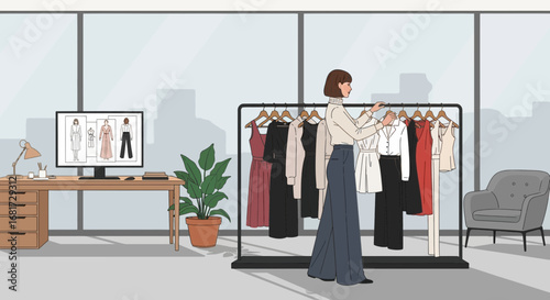 Fashion designer reviewing garment sketches and clothing samples in studio