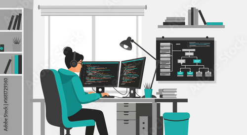 Software developer working in home office with modern digital interface