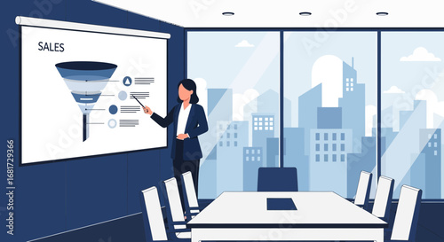 Businesswoman presents sales funnel chart in modern office meeting presentation