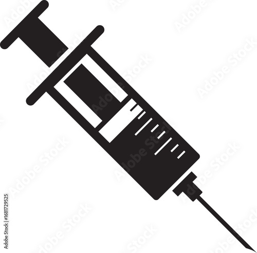 Simple black silhouette icon of a medical hypodermic syringe with plunger and measurement markings