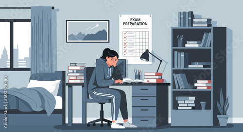 Student Feeling Overwhelmed While Preparing for Exams in Her Bedroom
