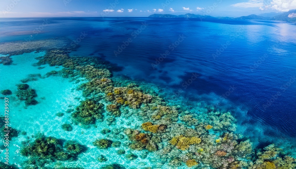 Fototapeta premium aerial view of a vibrant coral reef in crystal clear turquoise ocean water