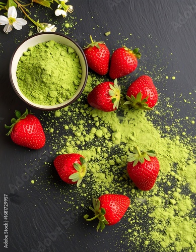 Fresh strawberries and matcha powder artfully arranged on a dark slate surface, showcasing vibrant color contrasts and a natural, healthy aesthetic.
