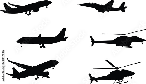 Silhouettes of military helicopters, fighter jets, and commercial airplanes in flight and landing, aviation vector illustration for design