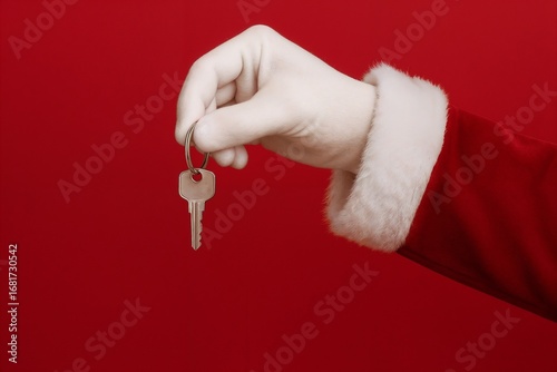 Santa Claus hand in white glove and red suit sleeve holding a silver house key on keyring, isolated on red background, symbolizing holiday gift, new home, or Christmas surprise.